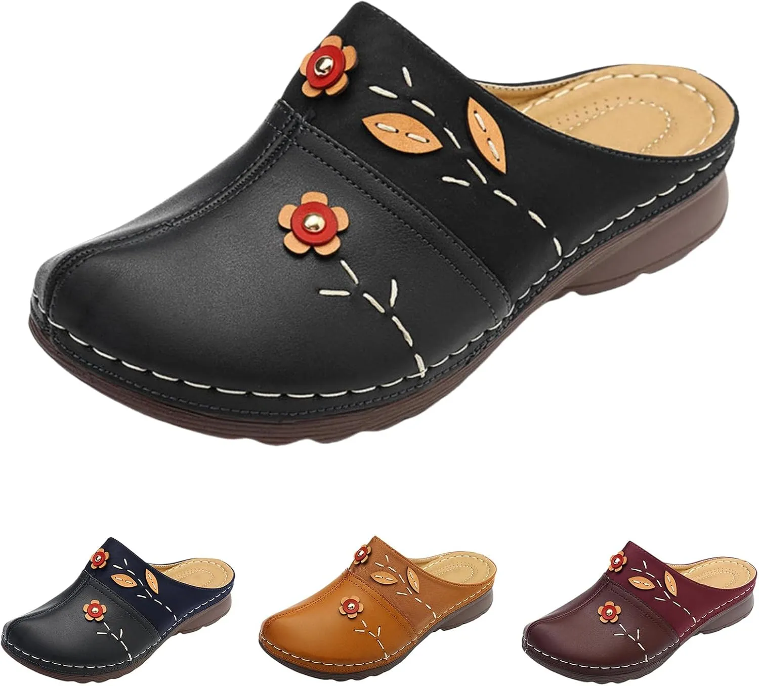 Clogs for Women Mules Shoes Closed Toe Clogs Comfortable Open Back Slip Ons Flower Low Wedge Sandals Orthopedic Backless Mules with Arch Support